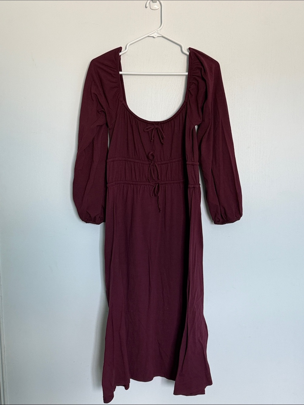 Anthropologie-South Filly Goods Burgundy Long Sleeve Tie-Front Midi Dress | Sz L